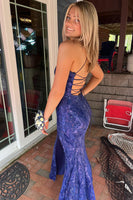 Load image into Gallery viewer, Navy Mermaid Long Sequined Prom Dress With Slit