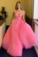 Load image into Gallery viewer, Pink A-Line Strapless Tiered Long Corset Prom Dress