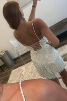 Load image into Gallery viewer, Sparkly Blue Beaded Tight Mini Party Dress with Fringes