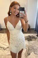 Load image into Gallery viewer, Sparkly Blue Beaded Tight Mini Party Dress with Fringes