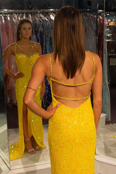 Sparkly Yellow Sheath Long Prom Dress With Slit