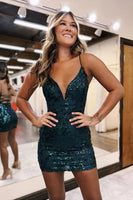 Load image into Gallery viewer, Sparkly Red Tight Sequined Spaghetti Straps Short Prom Dress