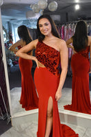Load image into Gallery viewer, Sparkly Red Mermaid One Shoulder Long Mirror Prom Dress With Slit