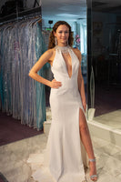Load image into Gallery viewer, White Sheath V Neck Long Prom Dress With Slit