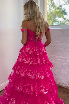 Glitter Hot Pink Corset Off the Shoulder Lace Long Prom Dress