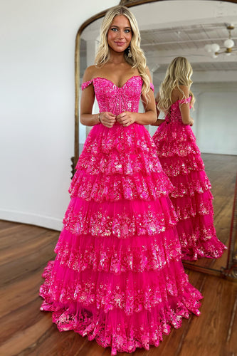 Glitter Hot Pink Corset Off the Shoulder Lace Long Prom Dress