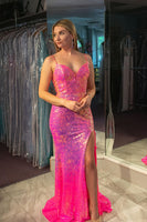 Load image into Gallery viewer, Sparkly Fuchsia Mermaid Long Sequined Prom Dress With Slit
