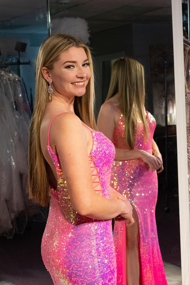 Load image into Gallery viewer, Sparkly Fuchsia Mermaid Long Sequined Prom Dress With Slit