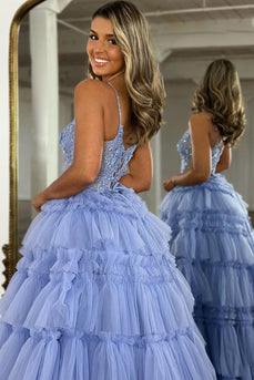 Sparkly Lilac Corset Beaded Long Tiered Prom Dress with Slit