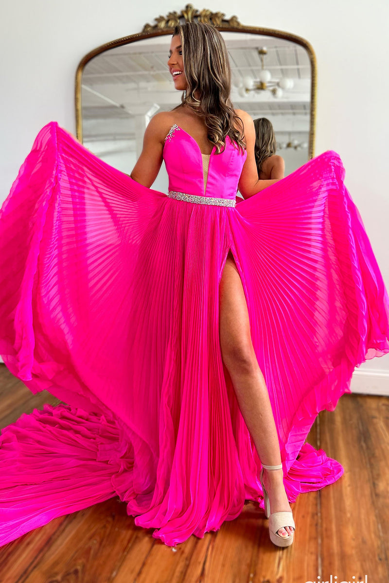 Load image into Gallery viewer, Sparkly Hot Pink Chiffon Pleated Long Prom Dress with Slit