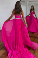 Load image into Gallery viewer, Sparkly Hot Pink Chiffon Pleated Long Prom Dress with Slit