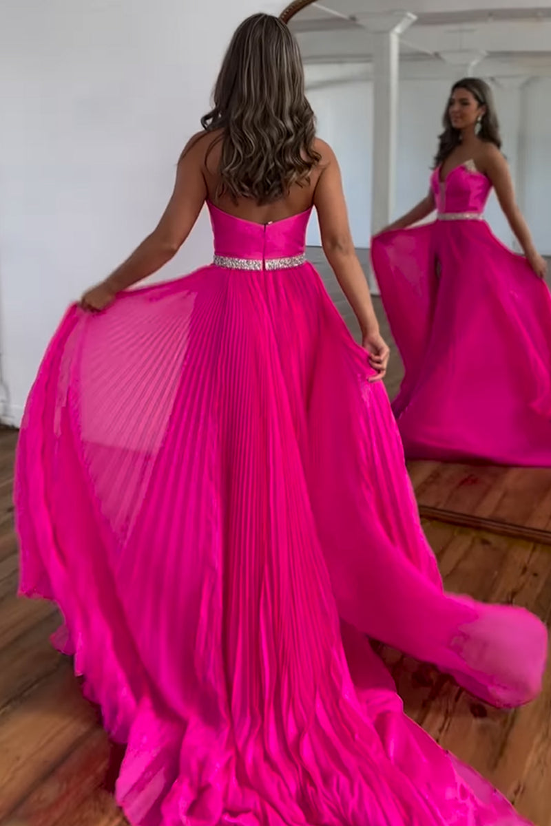 Load image into Gallery viewer, Sparkly Hot Pink Chiffon Pleated Long Prom Dress with Slit