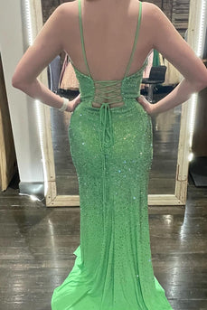 Sparkly Green Mermaid Spaghetti Straps Long Prom Dress With Slit