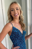 Load image into Gallery viewer, Sparkly Peacock Blue Beaded Lace-Up Back Tight Short Prom Dress with Fringes