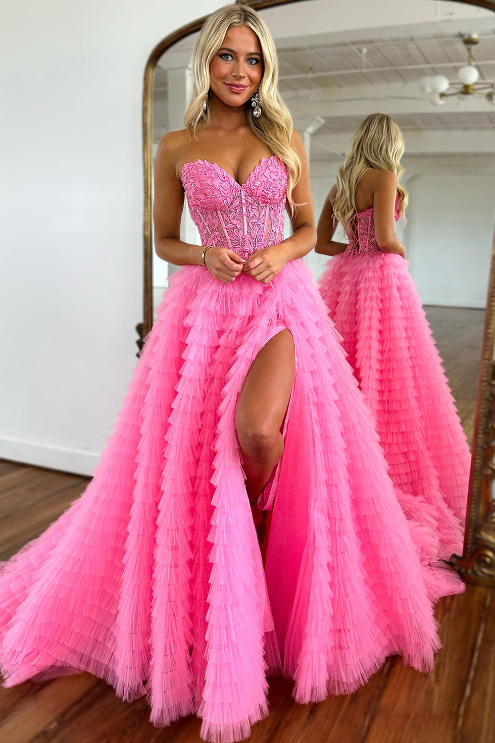 Pink Corset A-Line Sweetheart Tiered Long Prom Dress with Lace