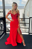Load image into Gallery viewer, Mermaid Cold Shoulder Red Sequins Prom Dress with Slit