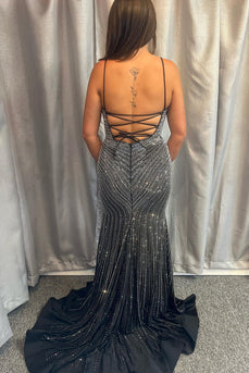 Sparkly Mermaid Spaghetti Straps Black Prom Dress with Slit