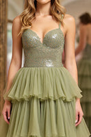 Load image into Gallery viewer, Dusty Sage A Line Tiered Long Tulle Prom Dress with Ruffles