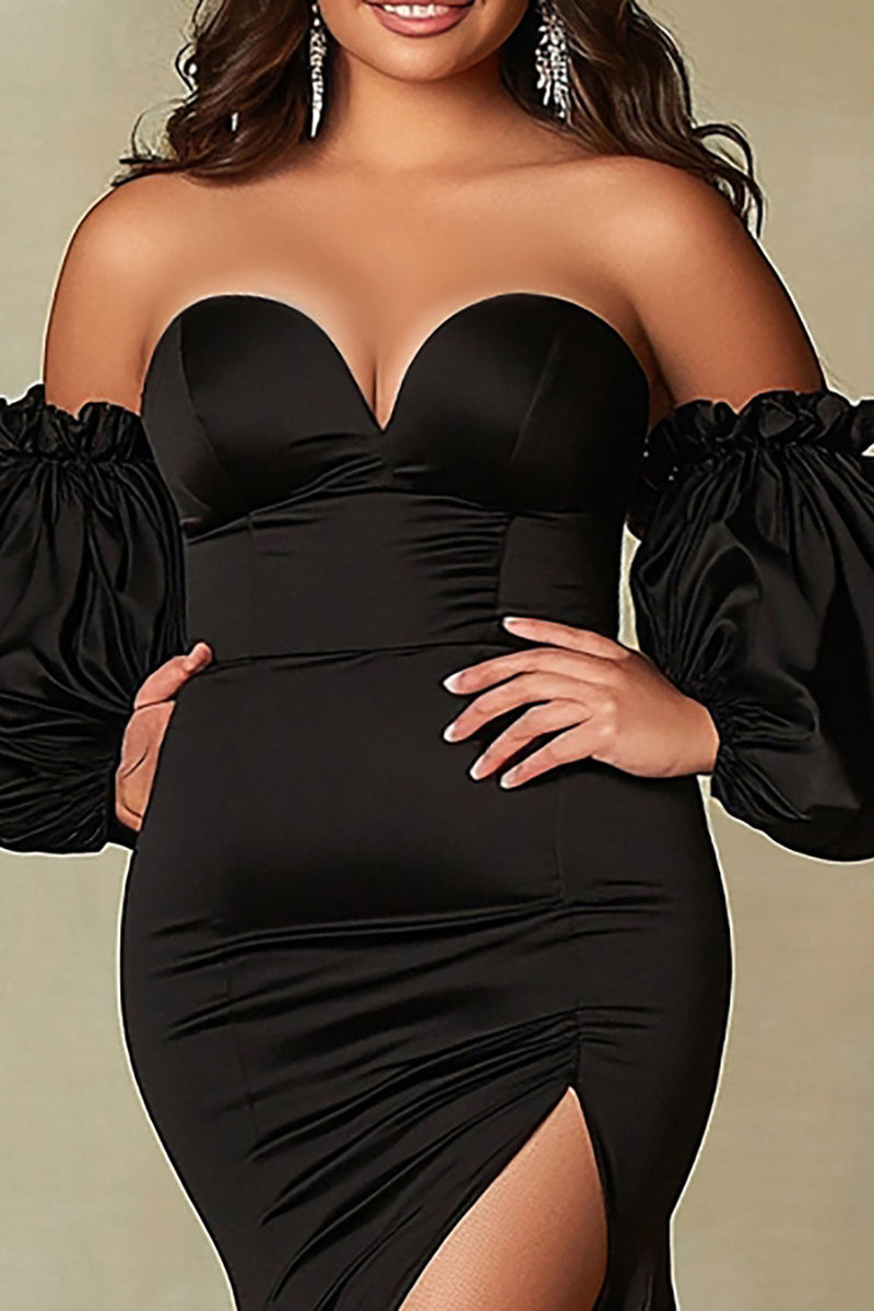 Load image into Gallery viewer, Black Satin Strapless Mermaid Plus Size Prom Dress with Slit