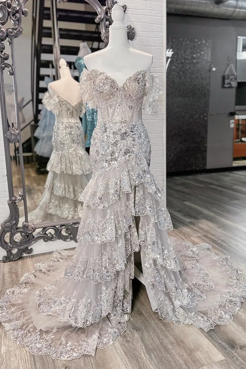 Load image into Gallery viewer, Black Mermaid Off the Shoulder Corset Prom Dress with Lace