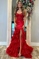 Load image into Gallery viewer, Red Corset Mermaid Ruffled Long Prom Dress with Appliques