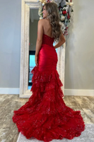 Load image into Gallery viewer, Red Corset Mermaid Ruffled Long Prom Dress with Appliques