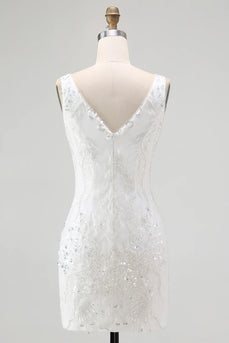 Sparkly White V-Neck Tight Short Prom Dress with Sequins