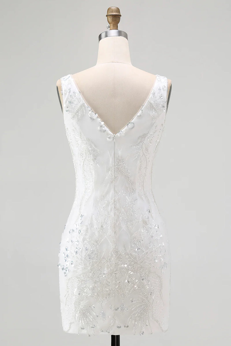 Load image into Gallery viewer, Sparkly White V-Neck Tight Short Prom Dress with Sequins