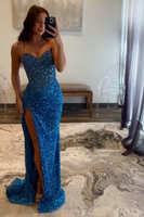 Load image into Gallery viewer, Sparkly Blue Sweetheart Sequins Bodycon Maxi Corset Prom Dress with Beading
