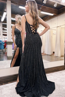 Glitter Black Corset Spaghetti Straps Mermaid Long Prom Dress with Slit