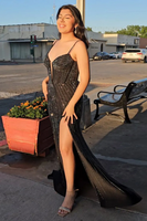 Load image into Gallery viewer, Glitter Black Corset Spaghetti Straps Mermaid Long Prom Dress with Slit