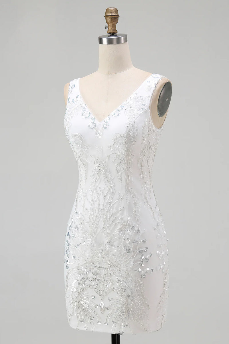 Load image into Gallery viewer, Sparkly White V-Neck Tight Short Prom Dress with Sequins