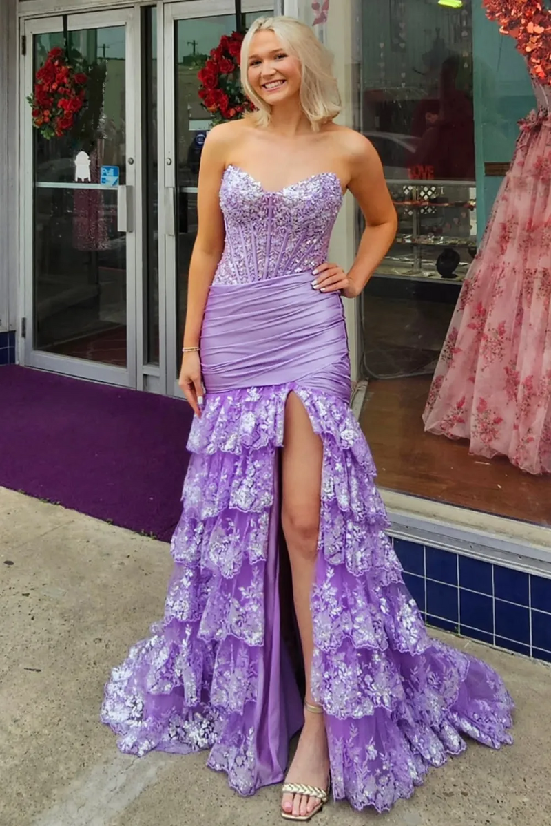 Load image into Gallery viewer, Red Corset Mermaid Ruffled Long Prom Dress with Appliques