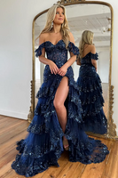 Load image into Gallery viewer, Women Navy Long Prom Dress with Slit A Line Corset Tiered Sparkly Off the Shoulder Sleeveless Party Dress with Lace