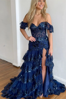 Load image into Gallery viewer, Navy A Line Off the Shoulder Long Prom Dress with Lace