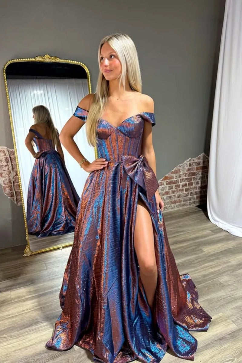 Load image into Gallery viewer, Sparkly Blue Metallic Off the Shoulder A-Line Long Corset Prom Dress with Bow