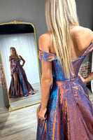 Load image into Gallery viewer, Sparkly Blue Metallic Off the Shoulder A-Line Long Corset Prom Dress with Bow