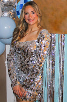 Load image into Gallery viewer, Women Glitter Sliver Tight Short Prom Dress Square Neck Long Sleeves Sequins Party Dress