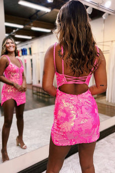 Glitter Hot Pink Tight Sequined Embroidery Short Prom Dress