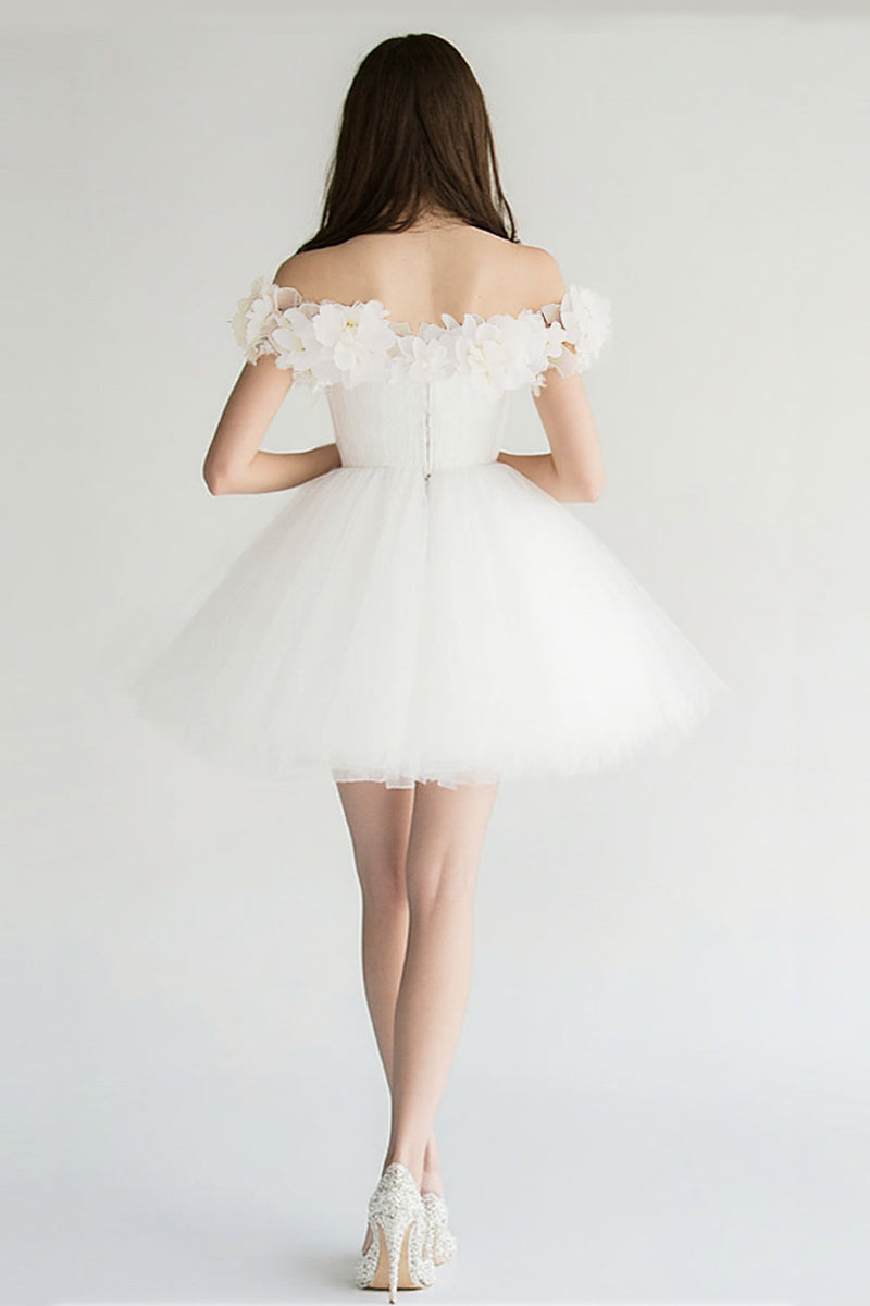 Load image into Gallery viewer, White Off The Shoulder A Line Tulle Short Graduation Dress with 3D Flowers