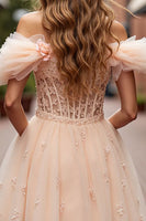 Load image into Gallery viewer, Champagne Floral Ruffled Corset Short Prom Dress with Lace