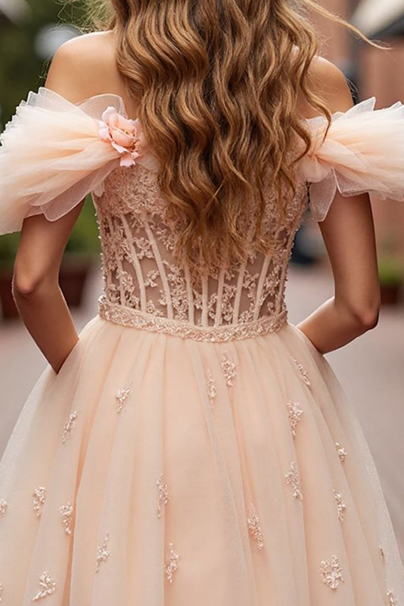 Load image into Gallery viewer, Champagne Floral Ruffled Corset Short Prom Dress with Lace