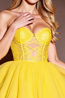 Load image into Gallery viewer, Yellow Tulle Corset Sweetheart Short Prom Dress with Lace