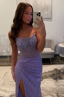 Load image into Gallery viewer, Sparkly Strapless Gold Mermaid Maxi Prom Dress with Slit