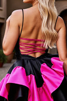 Load image into Gallery viewer, Black and Fuchsia Satin A Line Tiered Short Prom Dress with Ruffles