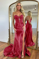 Load image into Gallery viewer, Navy Satin Mermaid Sweetheart Long Corset Prom Dress with Slit