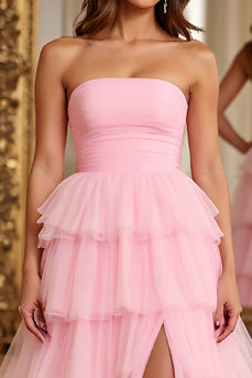 Pink Tiered Chiffon A Line Long Prom Dress with Slit