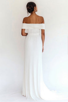 White Off The Shoulder Pleated Chiffon Long Engagement Dress