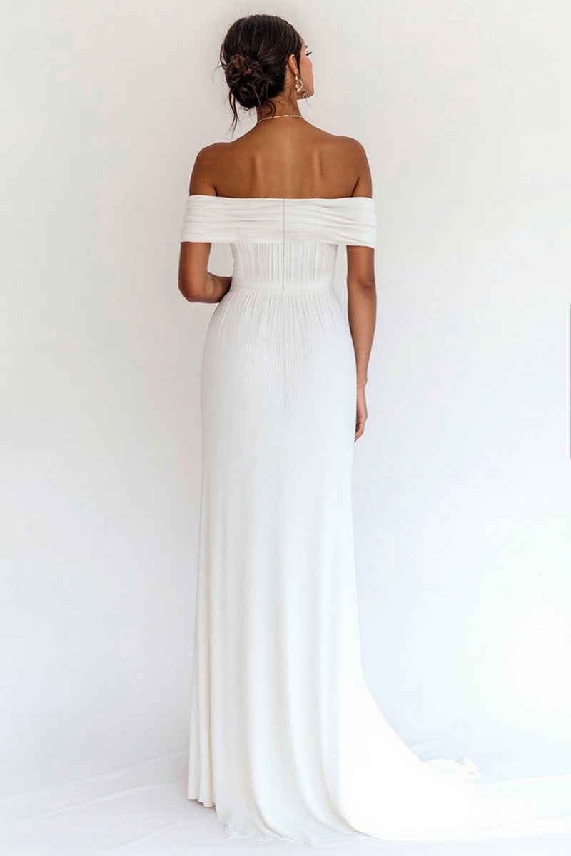 Load image into Gallery viewer, White Off The Shoulder Pleated Chiffon Long Engagement Dress