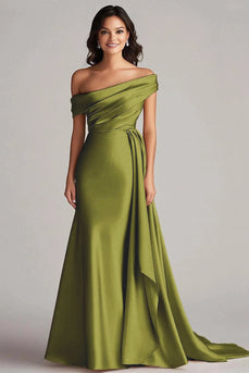 Elegant Off the Shoulder Eucalyptus Long Formal Dress with Side Cape
